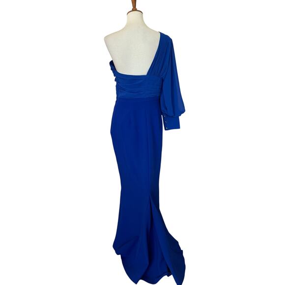 Elle Zeitoune Blue One Shoulder Structured Gown LARGE Formal Slit Designer $410 - Picture 8 of 12
